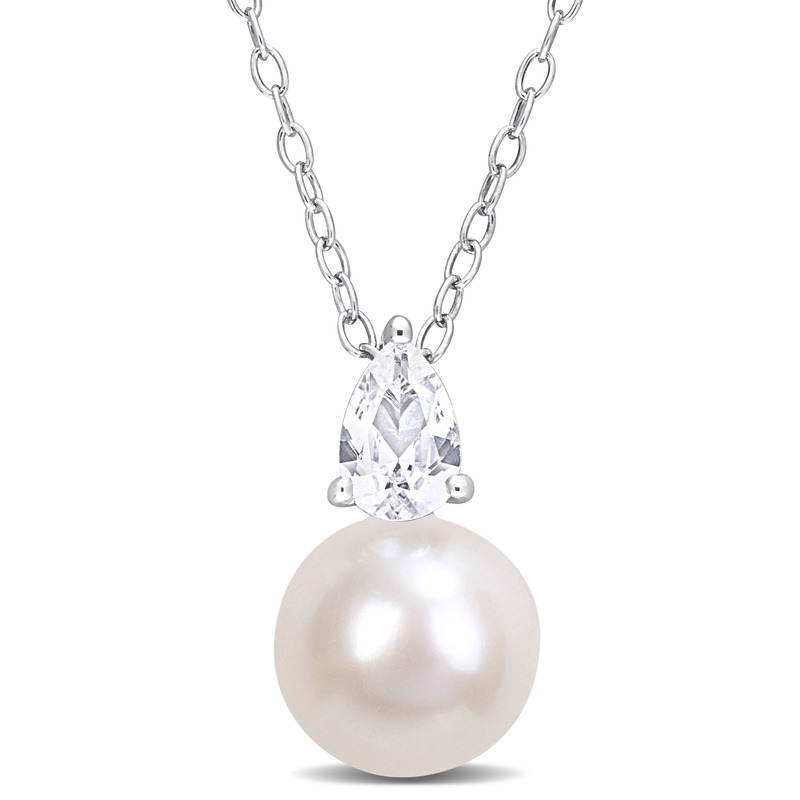 8.5-9 MM White Freshwater Cultured Pearl and 5/8 CT TGW Created White Sapphire Solitaire Pendant with Chain in Sterling Silver