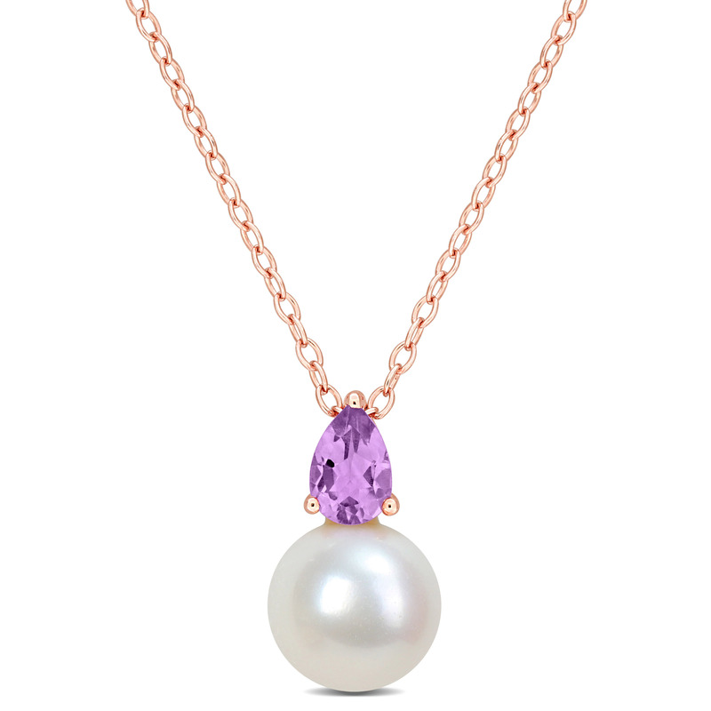 8.5-9mm Cultured Freshwater Pearl and 1/3ct TGW Amethyst Pendant with Chain Rose Plated Sterling Silver - 18 in