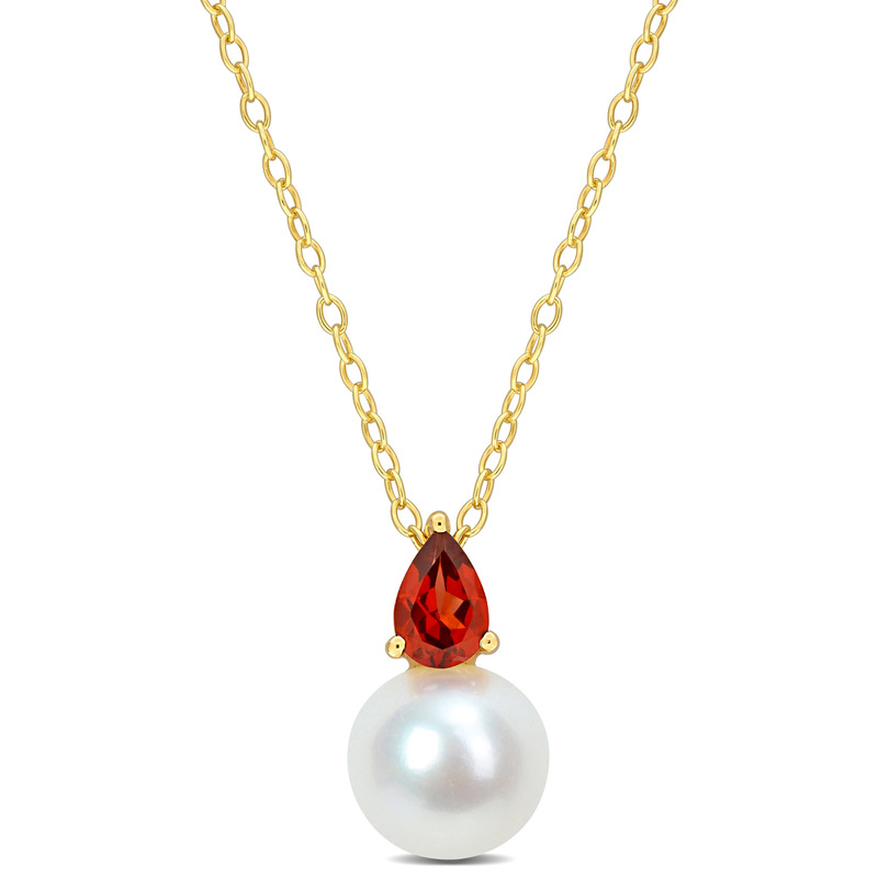 8.5-9mm Cultured Freshwater Pearl and 1/2ct TGW Garnet Pendant with Chain Yellow Plated Sterling Silver - 18 in