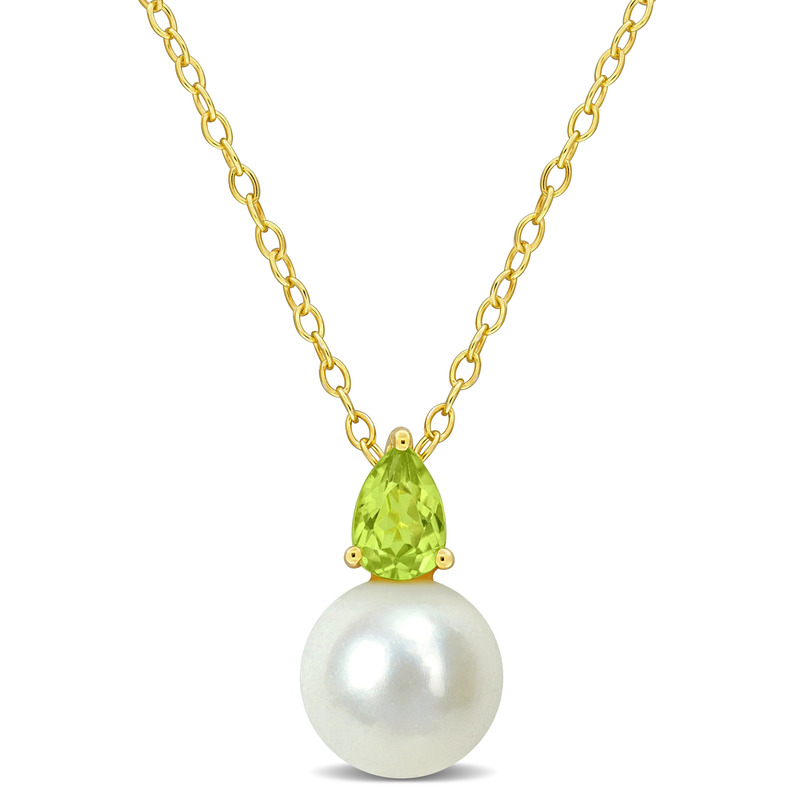8.5-9mm Cultured Freshwater Pearl and 2/5ct TGW Peridot Pendant with Chain Yellow Plated Sterling Silver - 18 in