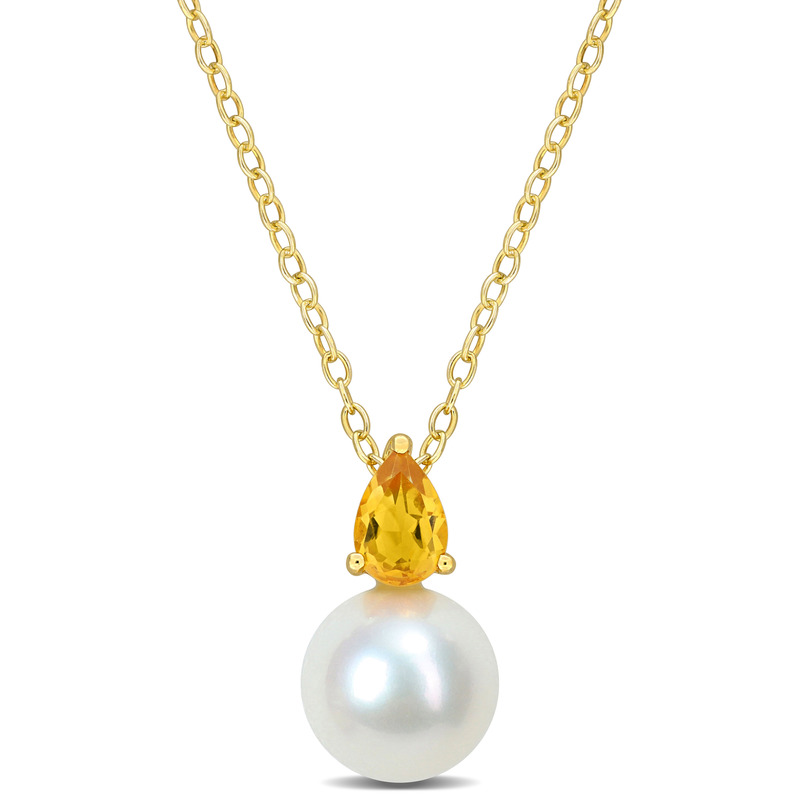 8.5-9mm Cultured Freshwater Pearl and 2/5ct TGW Citrine Pendant with Chain Yellow Plated Sterling Silver - 18 in