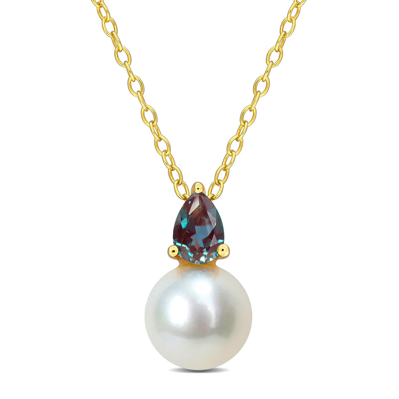 8.5-9mm Cultured Freshwater Pearl and 5/8ct TGW Created Alexandrite Pendant with Chain Yellow Plated Sterling Silver - 18 in