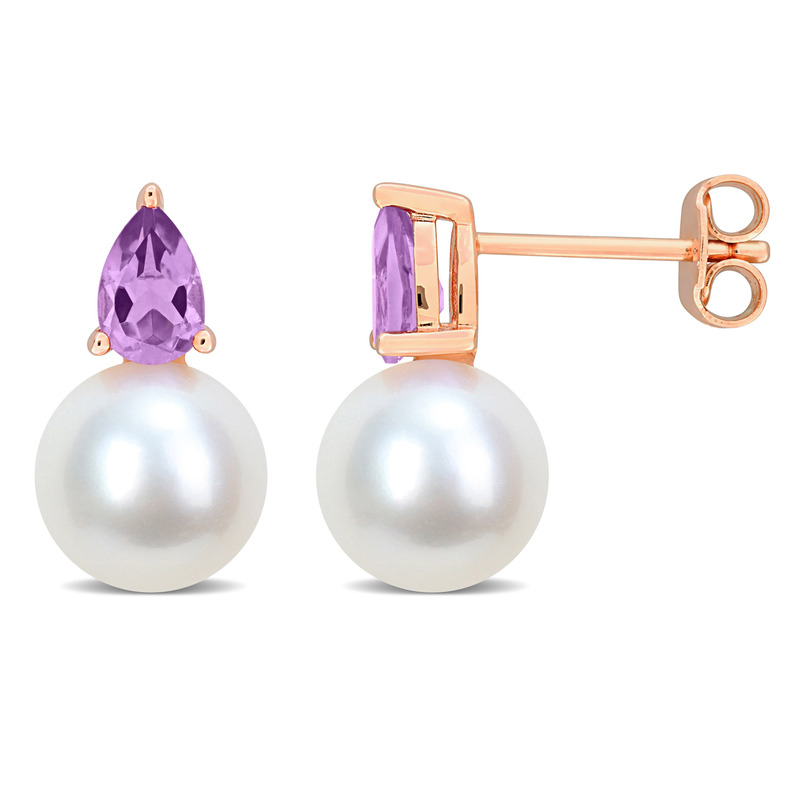 8.5-9mm Cultured Freshwater Pearl and 3/4ct TGW Amethyst Earrings Rose Plated Sterling Silver