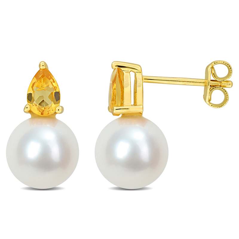 8.5-9mm Cultured Freshwater Pearl and 3/4ct TGW Citrine Earrings Yellow Plated Sterling Silver