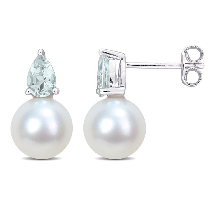 8.5-9mm Cultured Freshwater Pearl and 4/5ct TGW Aquamarine Earrings Sterling Silver