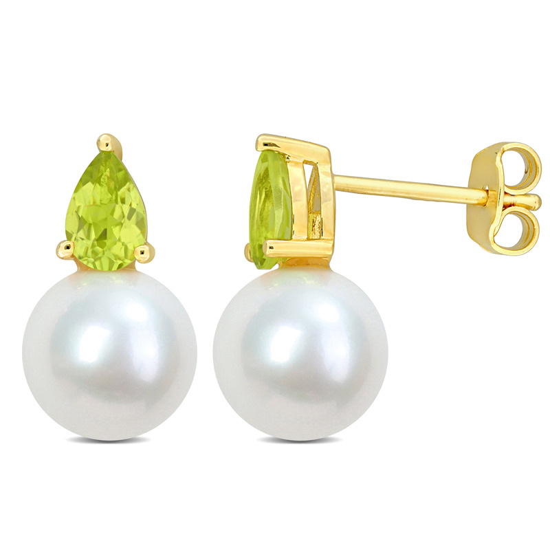 8.5-9mm Cultured Freshwater Pearl and 4/5ct TGW Peridot Earrings Yellow Plated Sterling Silver