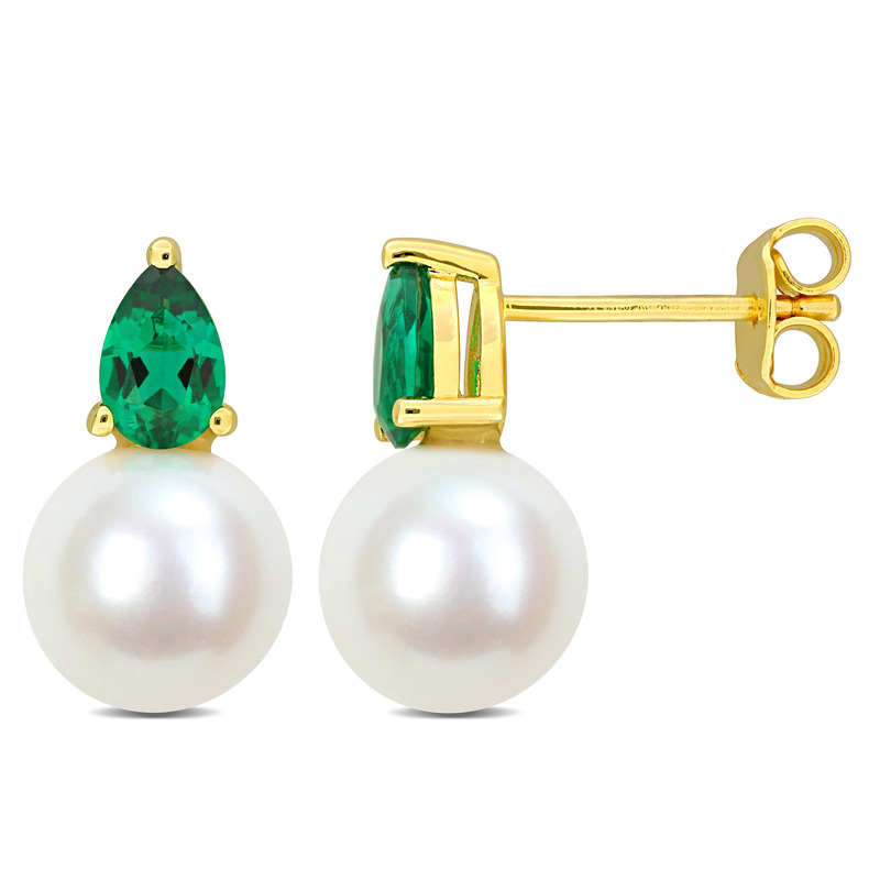 8.5-9mm Cultured Freshwater Pearl and 4/5ct TGW Created Emerald Earrings Yellow Plated Sterling Silver