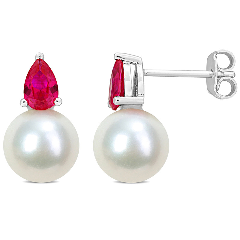 8.5-9mm Cultured Freshwater Pearl and 1 1/3ct TGW Created Ruby Earrings Sterling Silver