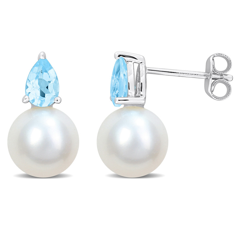 8.5-9mm Cultured Freshwater Pearl and 7/8ct TGW Sky Blue Topaz Earrings in Sterling Silver