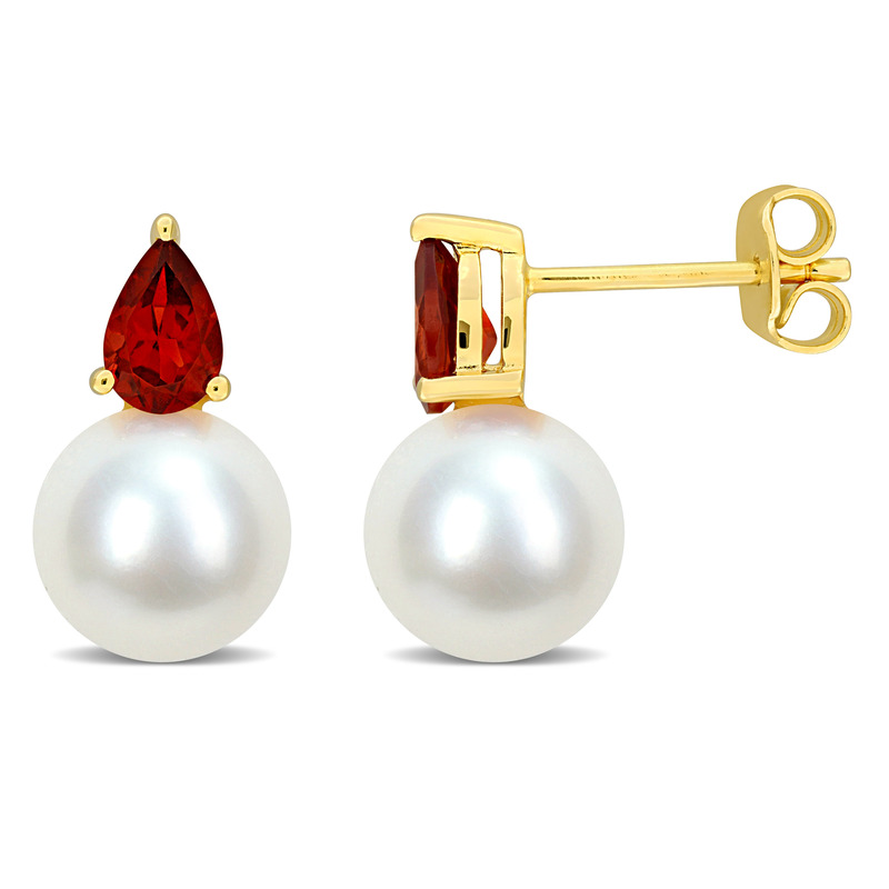 8.5-9mm Cultured Freshwater Pearl and 1ct TGW Garnet Earrings Yellow Plated Sterling Silver