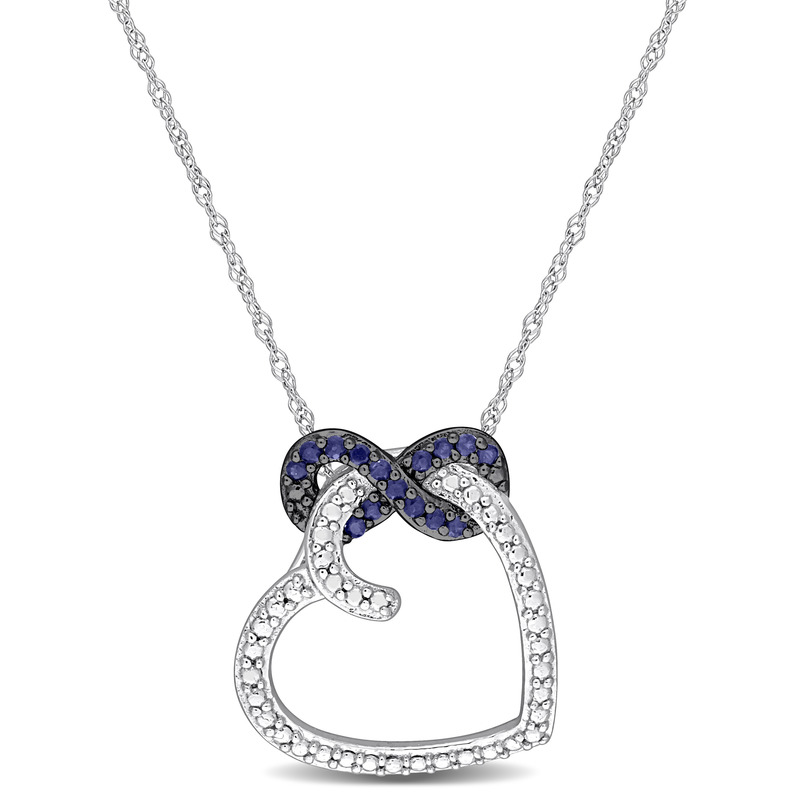 1/6 CT TGW Sapphire Infinity Heart Pendant with Chain in 10k White Gold - 17 in.