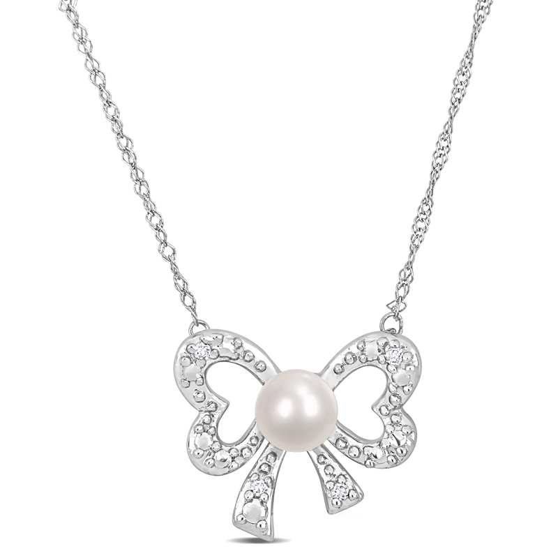 White Cultured Freshwater Pearl and Diamond Accent Bow Design Necklace in 14k White Gold