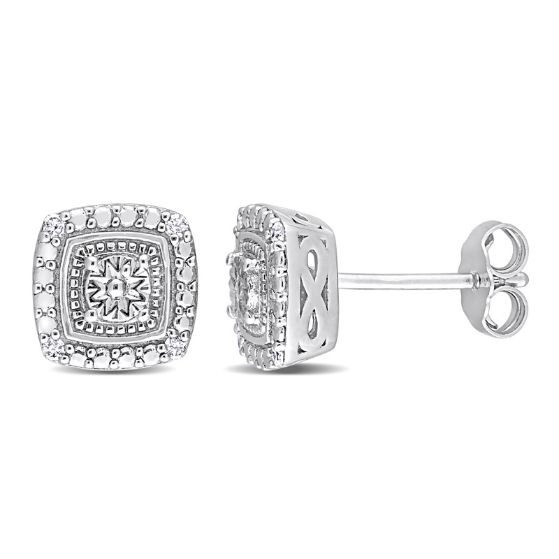 Diamond Accent Square Double Halo Stud Earrings in Sterling Silver