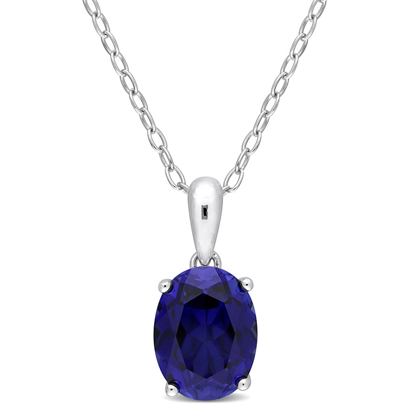 3 CT TGW Oval Created Blue Sapphire Solitaire Heart Design Pendant with Chain in Sterling Silver - 18 in.
