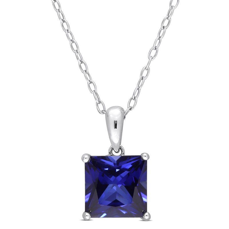 3.06 CT TGW Princess Cut Created Blue Sapphire Solitaire Heart Design Pendant with Chain in Sterling Silver - 18 in.