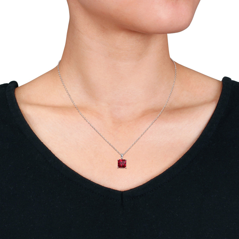 3.06 CT TGW Princess Cut Created Ruby Solitaire Heart Design Pendant with Chain in Sterling Silver - 18 in.