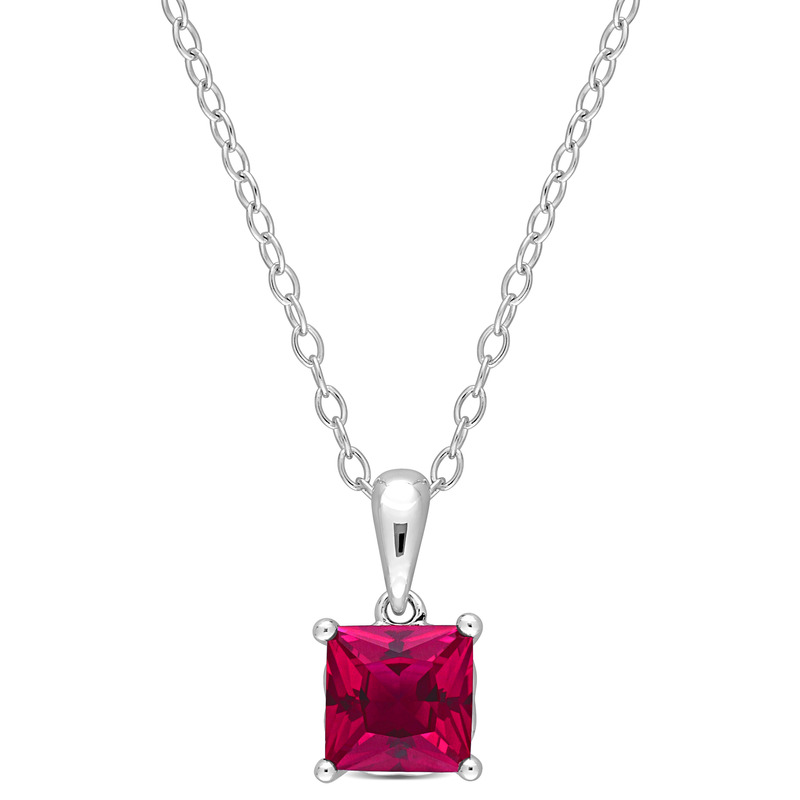 1 1/2 CT TGW Princess Cut Created Ruby Solitaire Heart Design Pendant with Chain in Sterling Silver - 18 in.