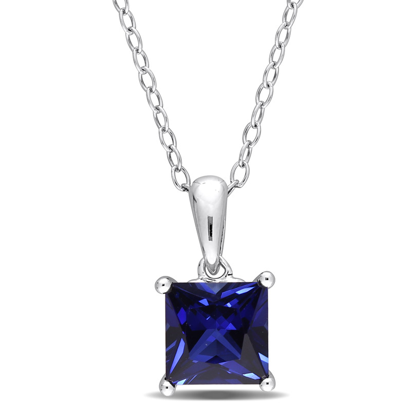 1 1/3 CT TGW Princess Cut Created Blue Sapphire Solitaire Heart Design Pendant with Chain in Sterling Silver - 18 in.