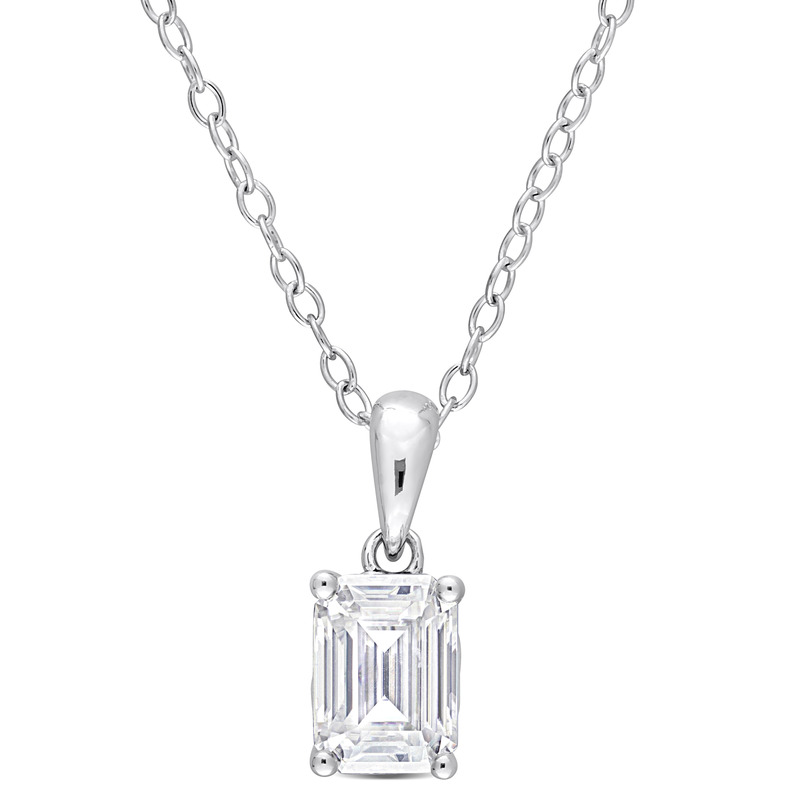 1 CT TGW Emerald Cut Created Moissanite Solitaire Pendant with Heart Detail and Chain in Sterling Silver - 18 in.