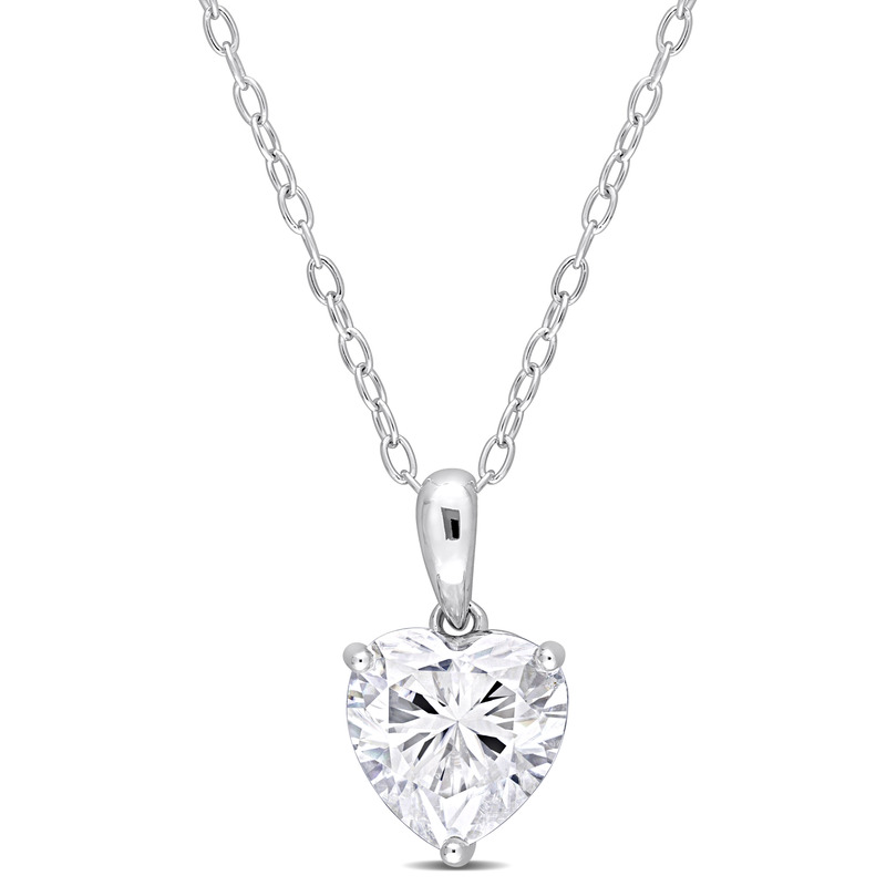 2 CT TGW Heart Shape Created Moissanite Solitaire Pendant with Heart Detail and Chain in Sterling Silver - 18 in.