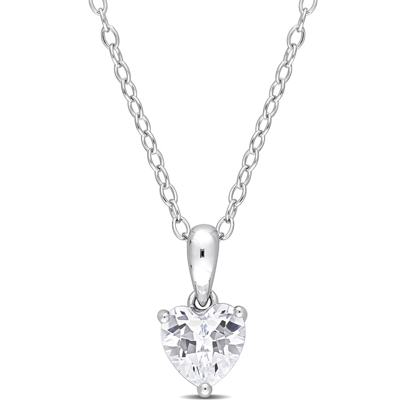 7/8 CT TGW Heart Shape Created White Sapphire Solitaire Heart Design Pendant with Chain in Sterling Silver - 18 in.
