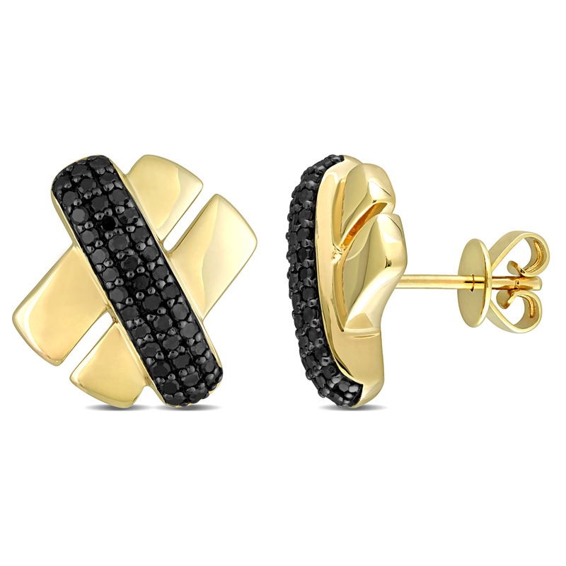3/8ct TW Black Diamond Crossover Design Stud Earrings in 14k Yellow Gold with Black Rhodium