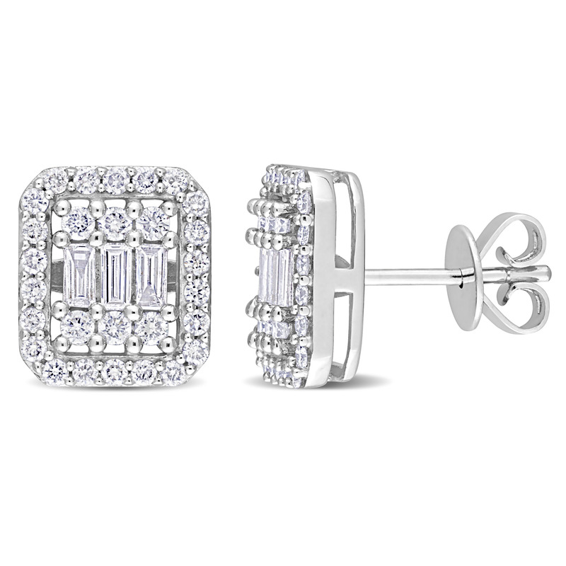 7/8 CT TDW Parallel Baguette Diamond Halo Stud Earrings in 14k White Gold