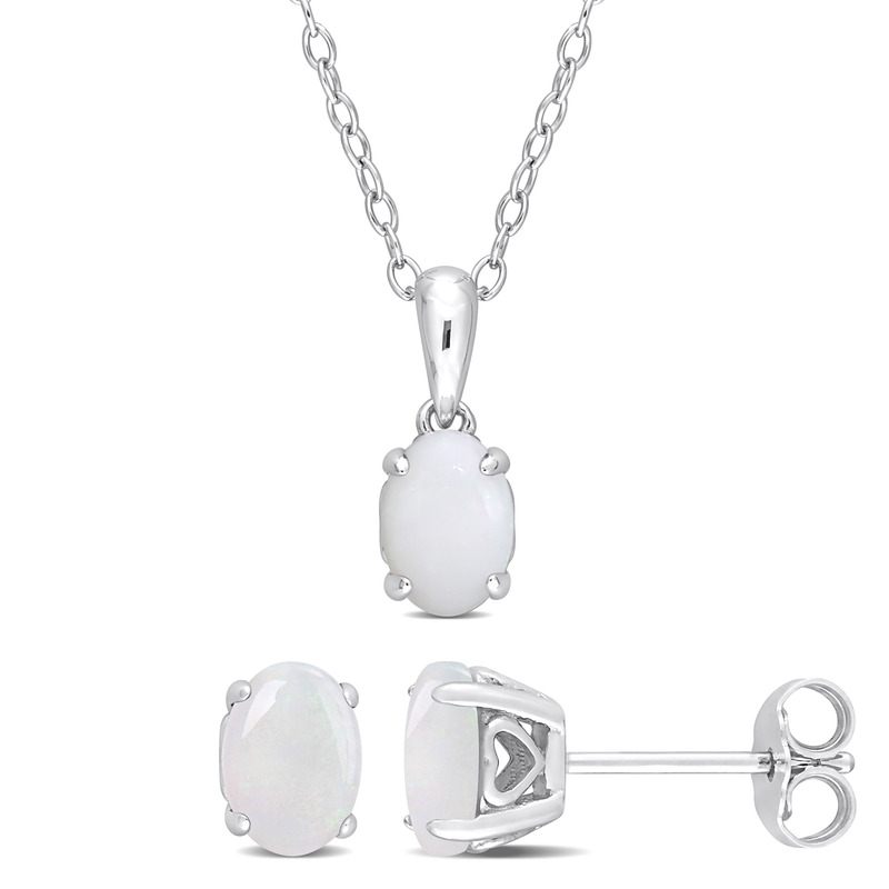 1 2/5 CT TGW Oval Opal 2-Piece Set of Pendant with Chain and Earrings in Sterling Silver