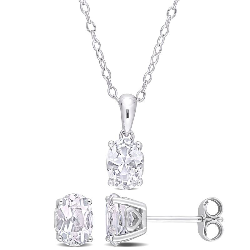 2 3/4 CT TGW Oval White Topaz 2-Piece Solitaire Pendant with Chain and Stud Earrings Set in Sterling Silver