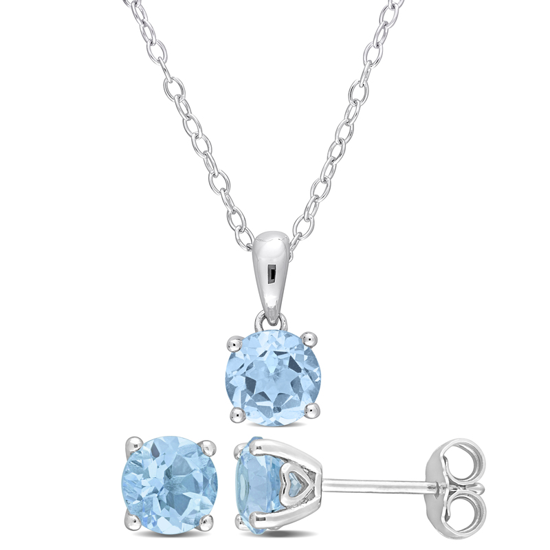 3 CT TGW Sky Blue Topaz 2-Piece Solitaire Pendant with Chain and Stud Earrings Set in Sterling Silver