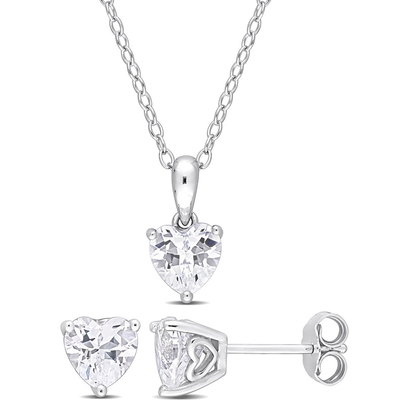 2 3/4 CT TGW Heart-Shape Created White Sapphire 2-Piece Set of Pendant with Chain and Earrings in Sterling Silver