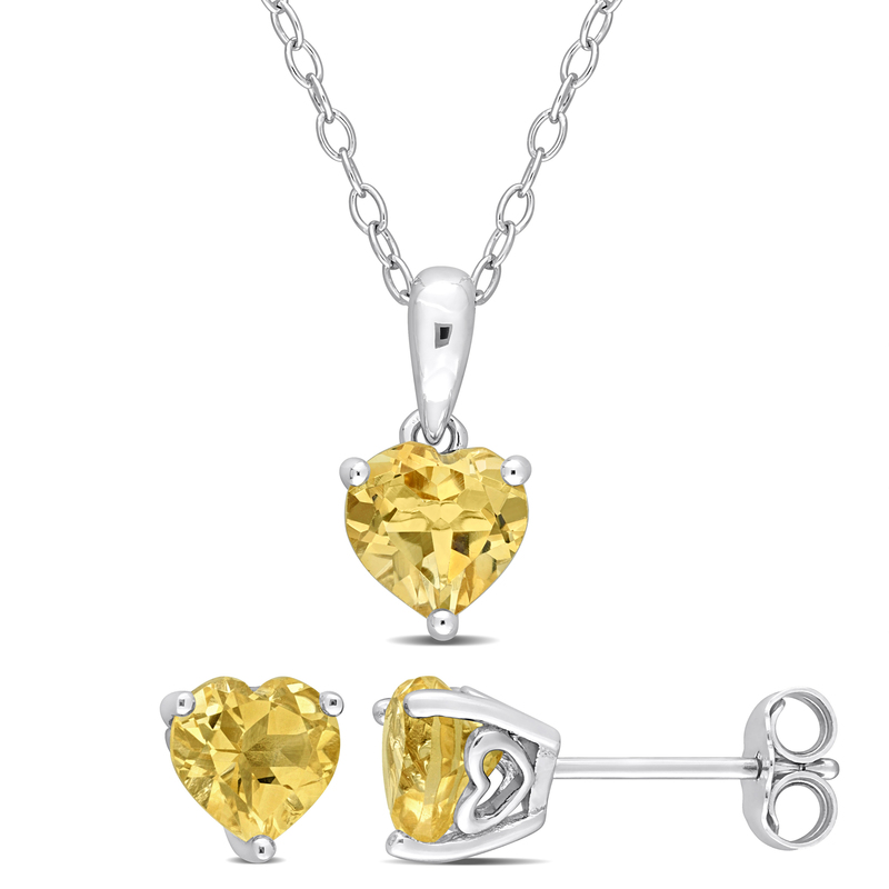 2 1/6 CT TGW Heart-Shape Citrine 2-Piece Set of Pendant with Chain and Earrings in Sterling Silver