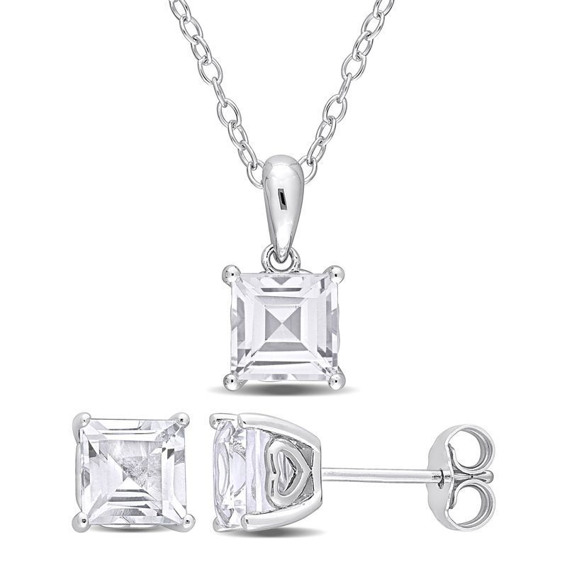 4 CT TGW Square White Topaz 2-Piece Set of Pendant with Chain and Earrings in Sterling Silver