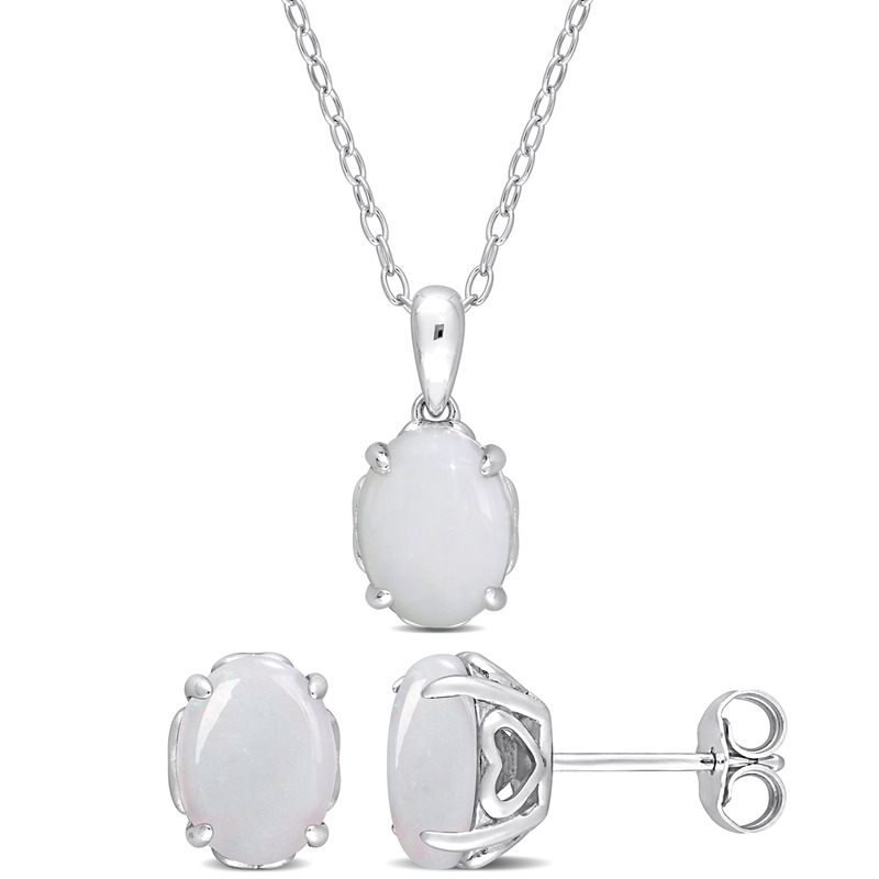 3 CT TGW Oval Opal 2-Piece Solitaire Pendant with Chain and Stud Earrings Set in Sterling Silver