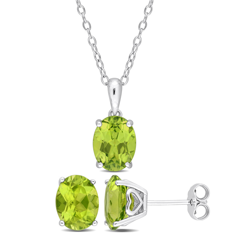 5 3/4 CT TGW Oval Peridot 2-Piece Solitaire Pendant with Chain and Stud Earrings Set in Sterling Silver