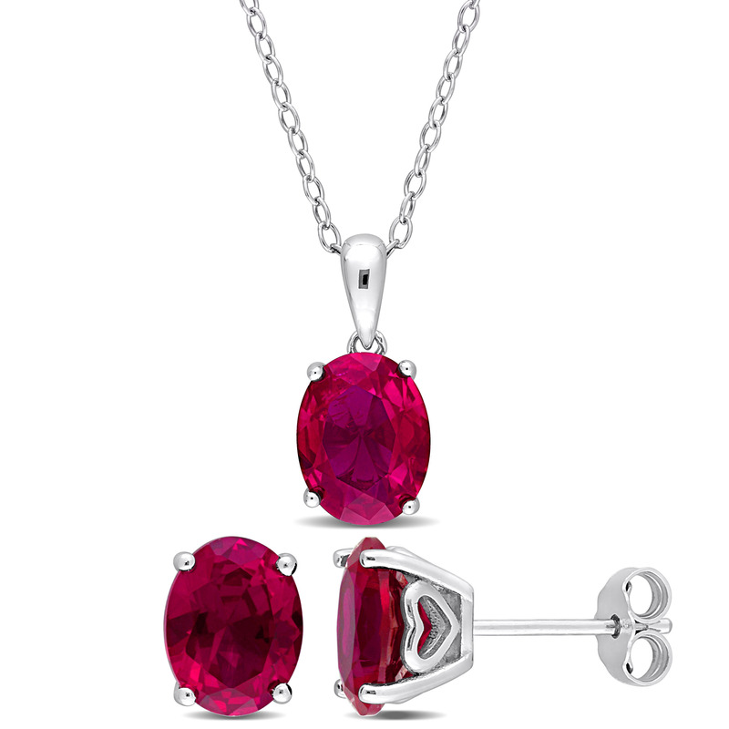 8 4/5 CT TGW Oval Created Ruby 2-Piece Set of Pendant with Chain and Earrings in Sterling Silver
