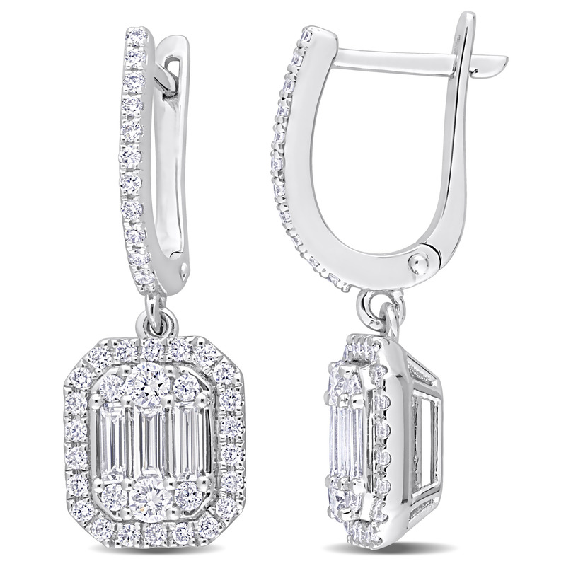 1 1/10 CT TDW Parallel Baguette Diamond Halo Cuff Earrings in 14k White Gold