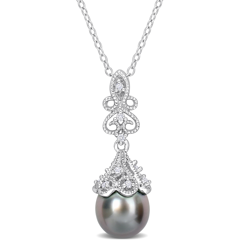 8-8.5MM Black Tahitian Cultured Pearl and 1/8CT TGW White Topaz Drop Pendant in Sterling Silver - 18 in.
