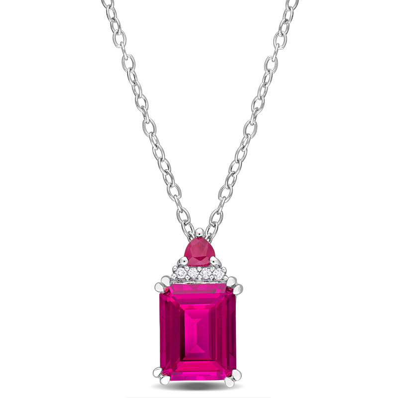 3 1/6 CT TGW Octagon Pink Topaz Trilliant Ruby and Diamond Accent Necklace in Sterling Silver