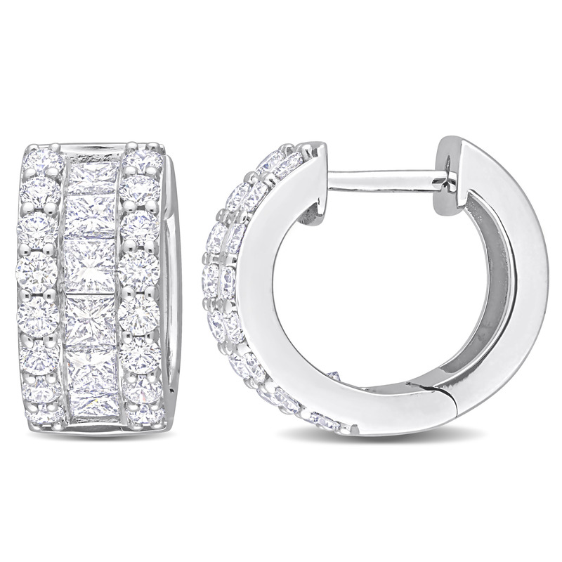 2 7/8 CT TDW Princess and Round-Cut Diamond Multi-row Huggie Hoop Earrings in 14k White Gold