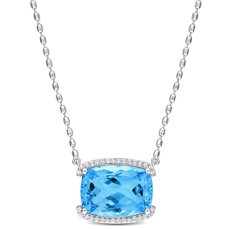 13 5/8 CT TGW Cushion-cut Sky-Blue Topaz and White Topaz Halo Pendant with Chain in Sterling Silver
