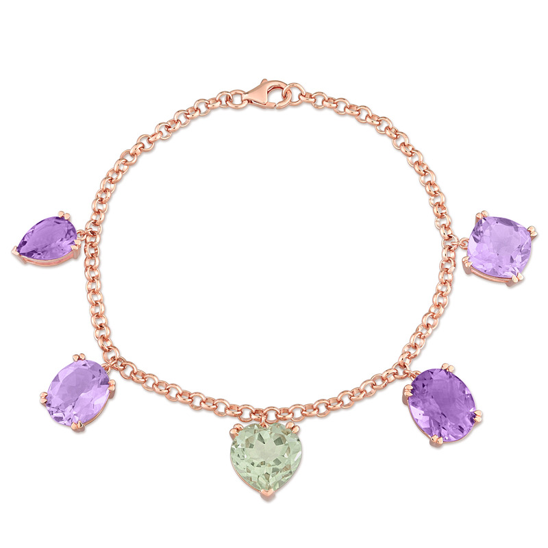 19 5/8 CT TGW Pink Amethyst, Amethyst & Green Quartz 7.25 Bracelet in Rose Plated Sterling Silver