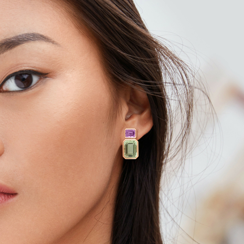 28 CT TGW Octagon-Cut Rose De France and Octagon-Cut Green Quartz Two Stone Earrings in Rose Plated Sterling Silver