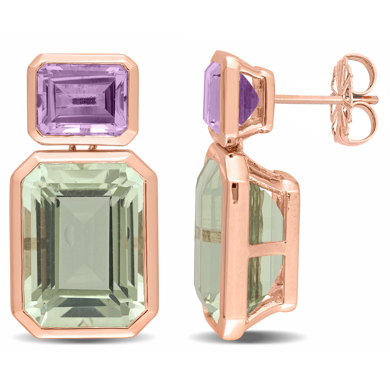 28 CT TGW Octagon-Cut Rose De France and Octagon-Cut Green Quartz Two Stone Earrings in Rose Plated Sterling Silver