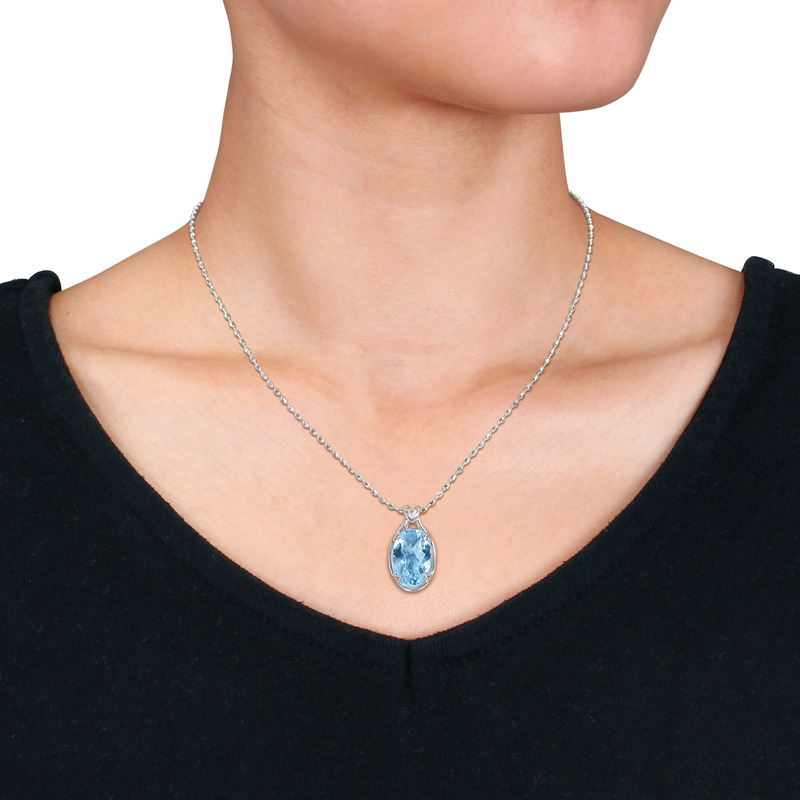 13 1/2 CT TGW Oval Checkerboard-Cut Sky Blue Topaz and White Topaz Solitaire Necklace in Sterling Silver
