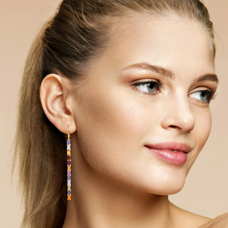 7 4/5 CT TGW Iolite Blue Topaz - Sky Madeira Citrine Garnet Rhodolite Citrine Rose De France Peridot Leverback Earrings 14K Yellow Gold