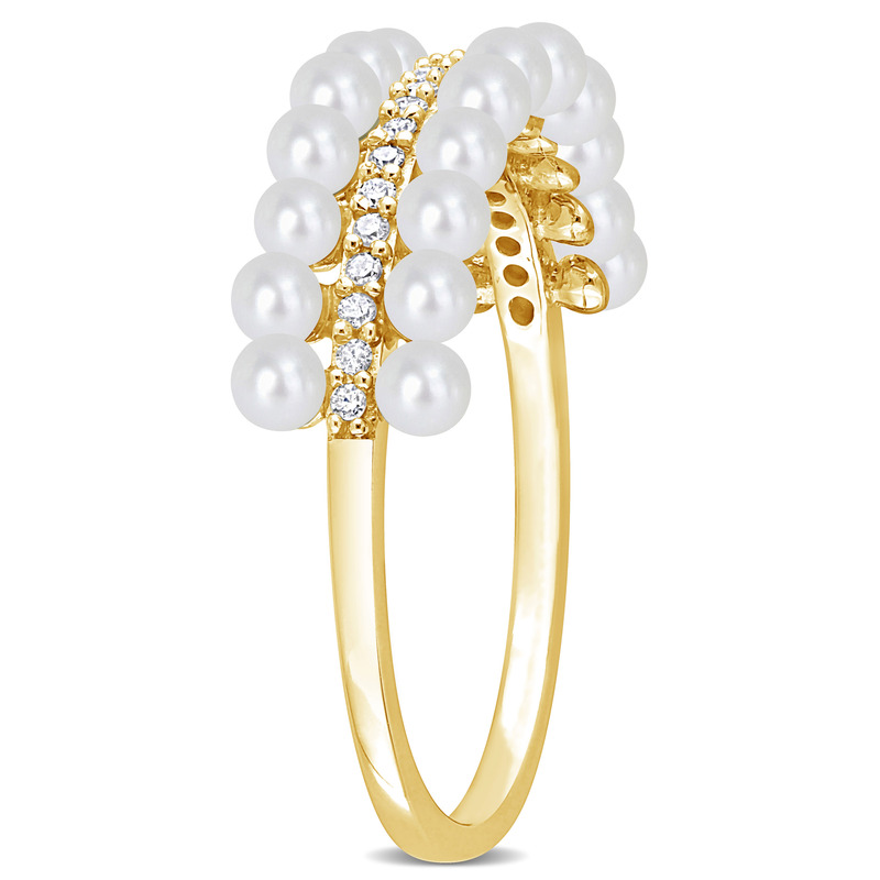 White Cultured Freshwater Pearl and 1/10ct TDW Diamond Multi-row Eternity Ringing 10k Yellow Gold