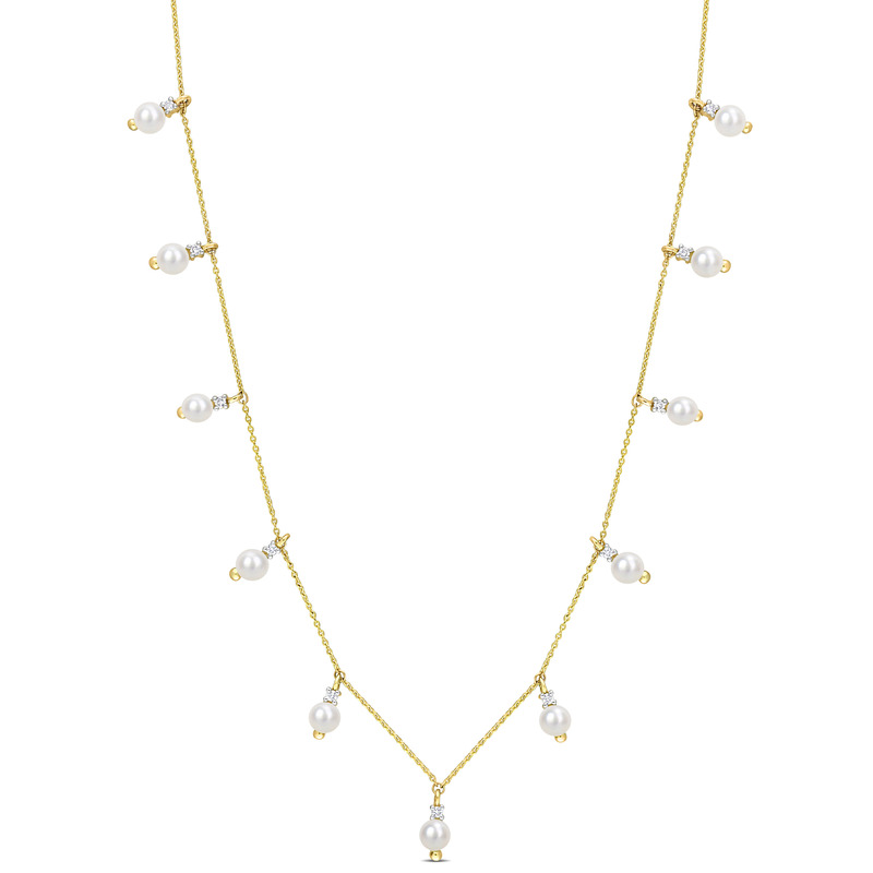 3-3.5 MM Freshwater Cultured Pearl and 1/10 CT TDW Diamond Station Drop Necklace in 10k Yellow Gold - 16+2 in.