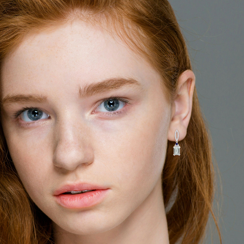 2 CT TGW Octagon Aquamarine Blue Sapphire and 1/4 CT TDW Diamond Earrings in Sterling Silver