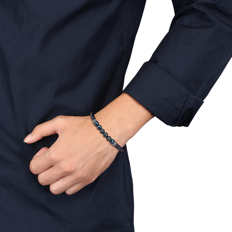 7.5-8mm Men's Black Cultured Freshwater Pearl Braided Black Leather Bracelet with Diamond Accents - 9 in.
